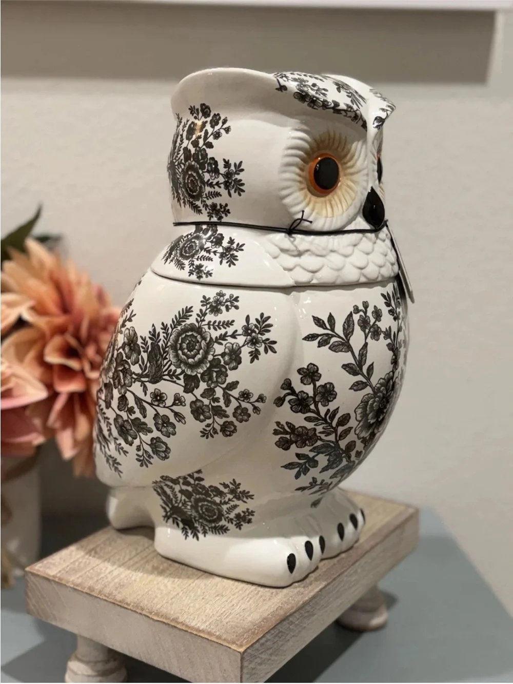 Spooky Street Owl Cookie Jar White Black Floral Toile Ceramic 78oz Halloween New